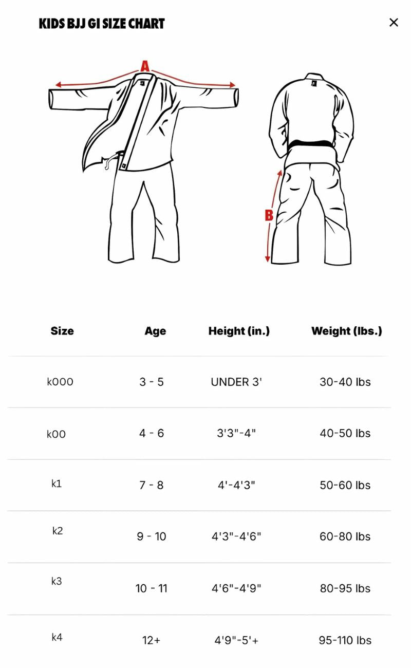Kids gi size chart